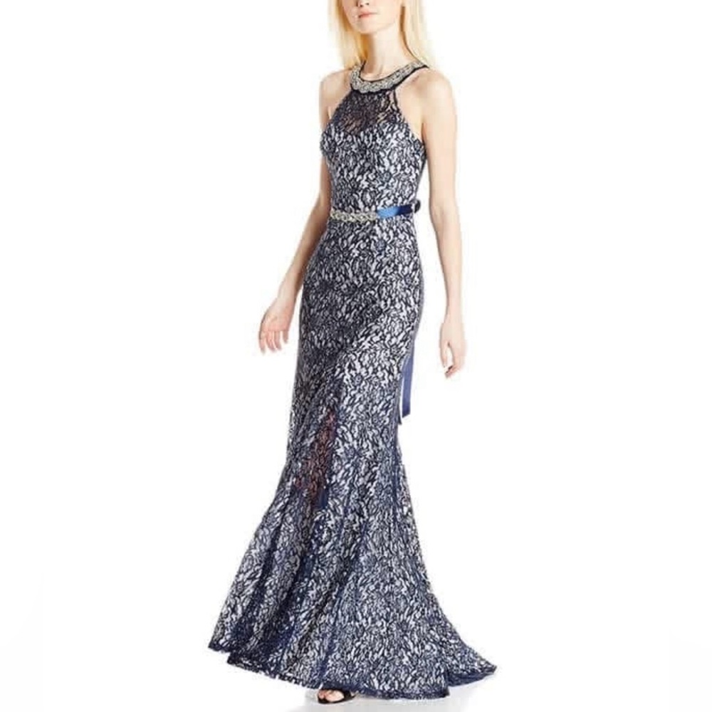 Blue Lace Prom Dress